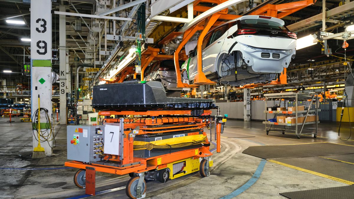 Battery packs for the 2022 Chevrolet Bolt EV on the production line on at GM's Orion Assembly Plant in Michigan.