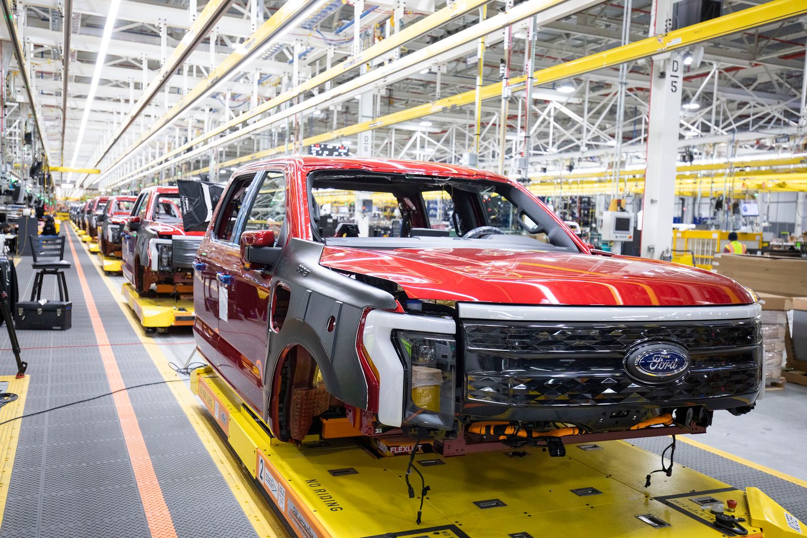 Ford F-150 Lightning pickup trucks sit on the production line at the Ford Rouge Electric Vehicle Center.