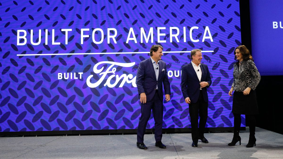 Jim Farley (left), CEO of Ford, Bill Ford (center), Executive Chairman of Ford Motor Company, and Michigan Gov. Gretchen Whitmer