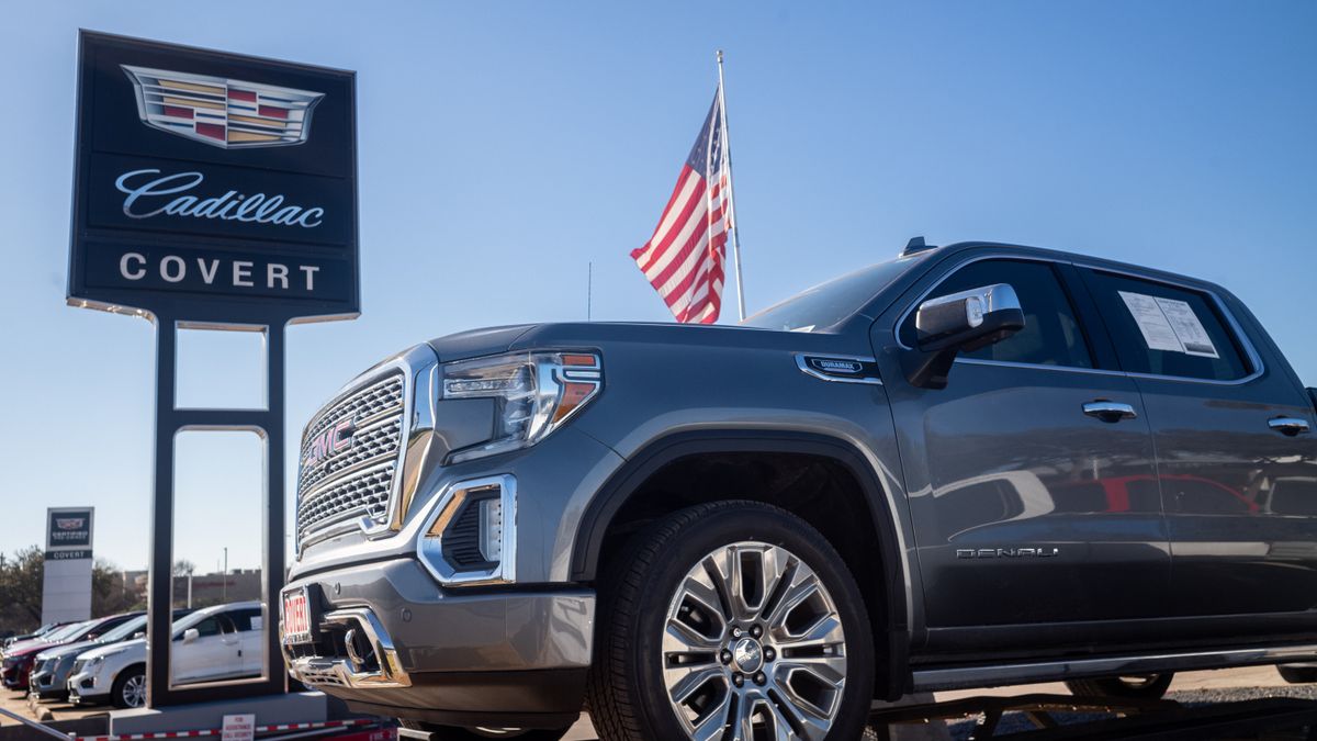 A GMC pickup truck on display outside a General Motors dealership in Austin, Texas.