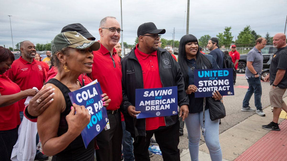 United Auto Workers President Shawn Fain at the Stellantis Sterling Heights Assembly Plant in Michigan.