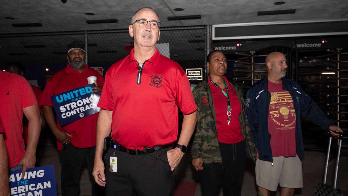UAW president Shawn Fain speaks with Stellantis workers at the automaker's Sterling Heights Assembly Plant in Michigan on July 12, 2023