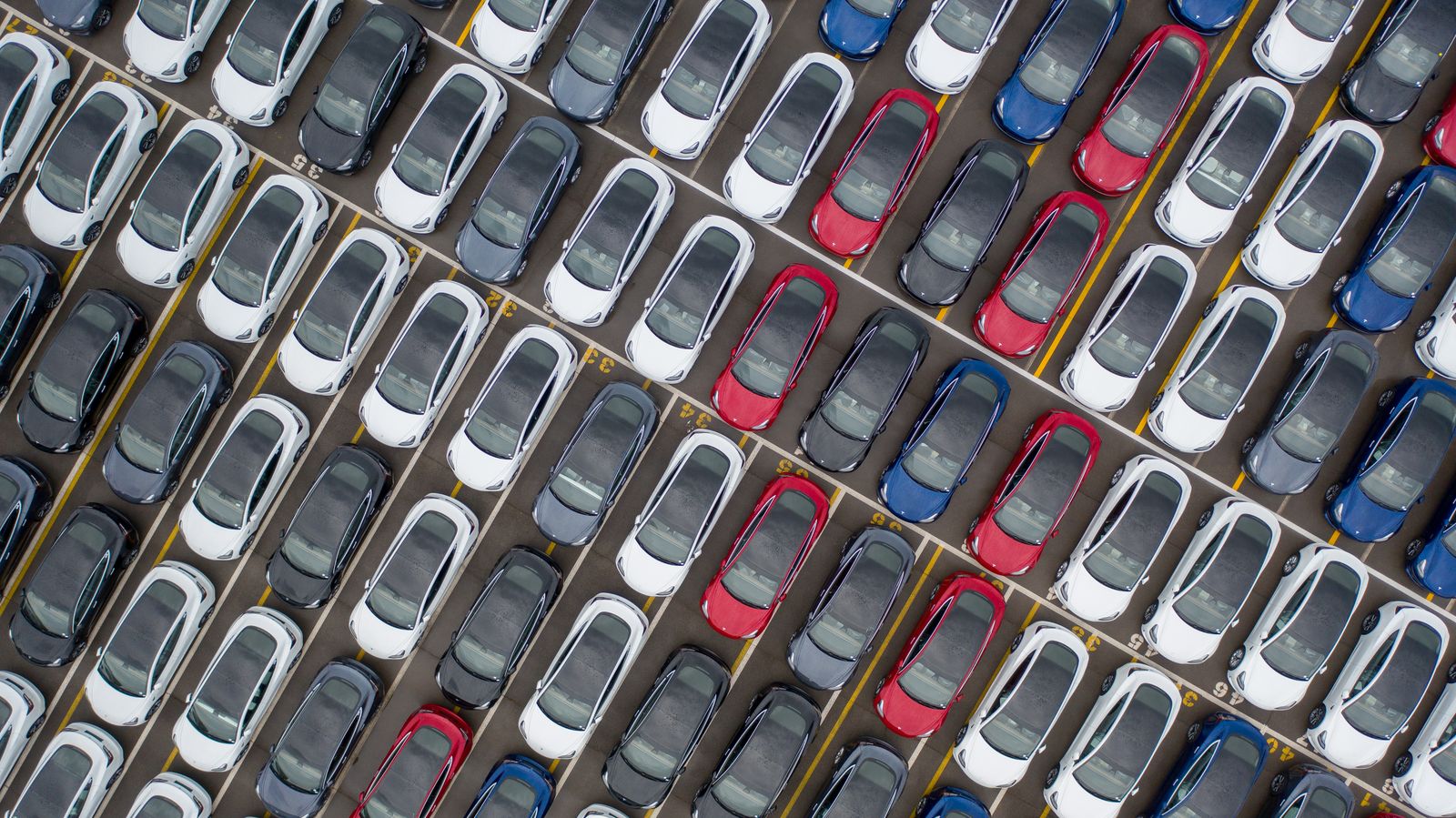 Parking lot full of Tesla Model Y SUVs.