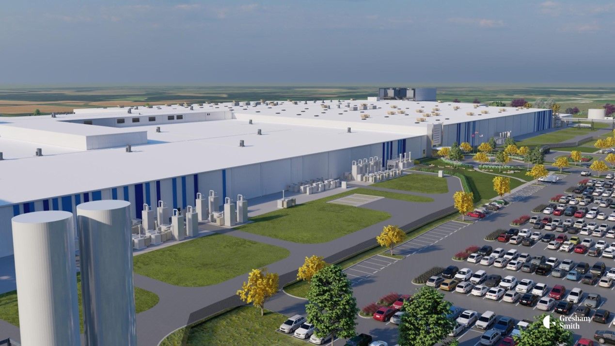 Early conceptual rendering of Ultium Cells LLC battery cell manufacturing facility with large white facility and parking lot.